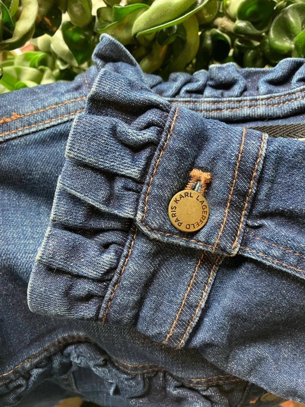 Whimsical Karl Lagerfeld Paris Dark Blue Ruffle-Trim Denim Jacket Sz. Small - Picture 5 of 15